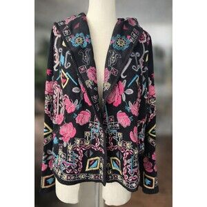 Johnny Was BIYA Hooded Embroidered Open Front Jacket Pockets Size M Boho Luxe